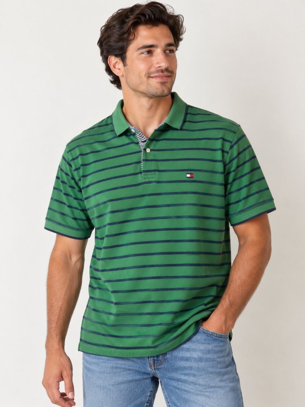 Vintage 90s Tommy Hilfiger Men's XXL Green Navy Striped Polo